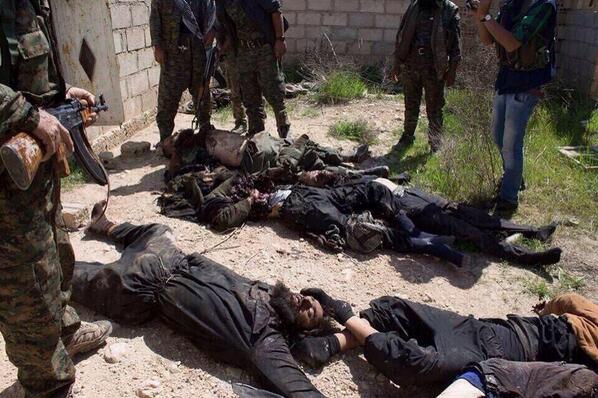 Bodies of ISIS fighters left behind, following battles with YPG in Kobane, Syria. Archival photo.